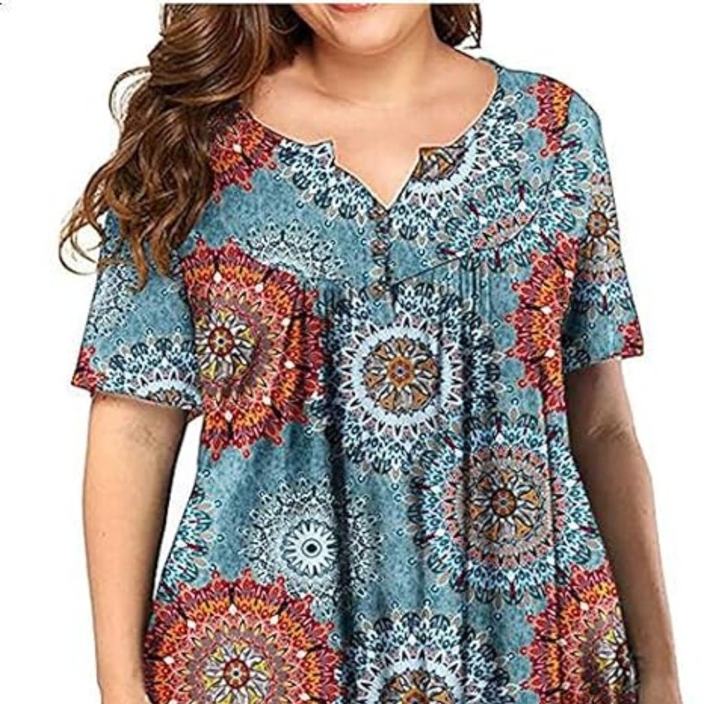 Vislily Womens Henley Shirt Blue Orange Mandala Stretch Notch Neck